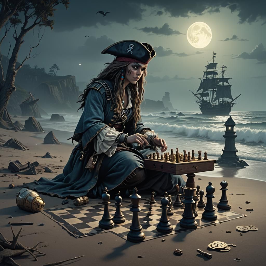 Alice the Pirate Plays Chess with Ghost, Fantasy Art