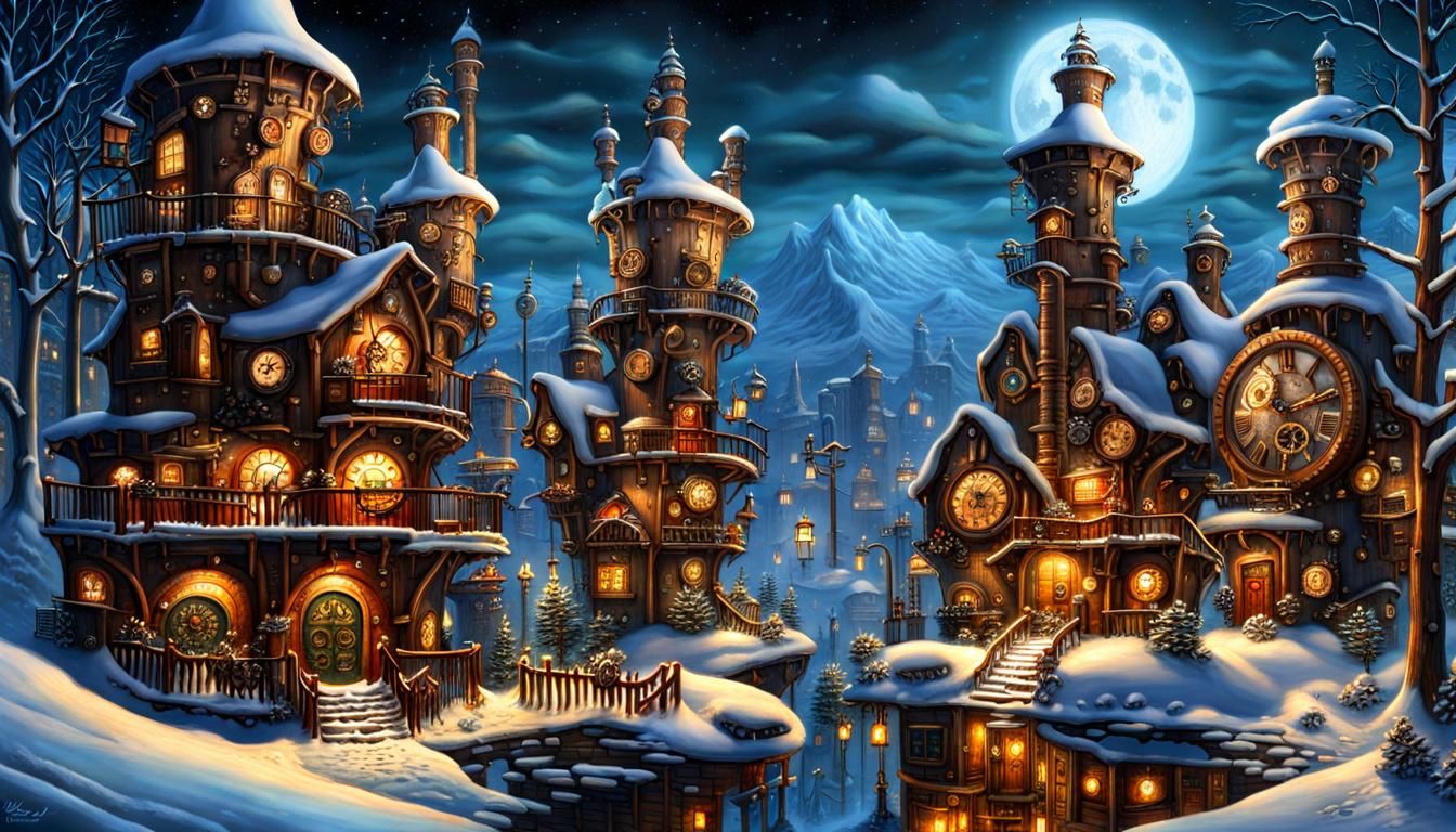Steampunk Factories in Snowy Winter Wonderland