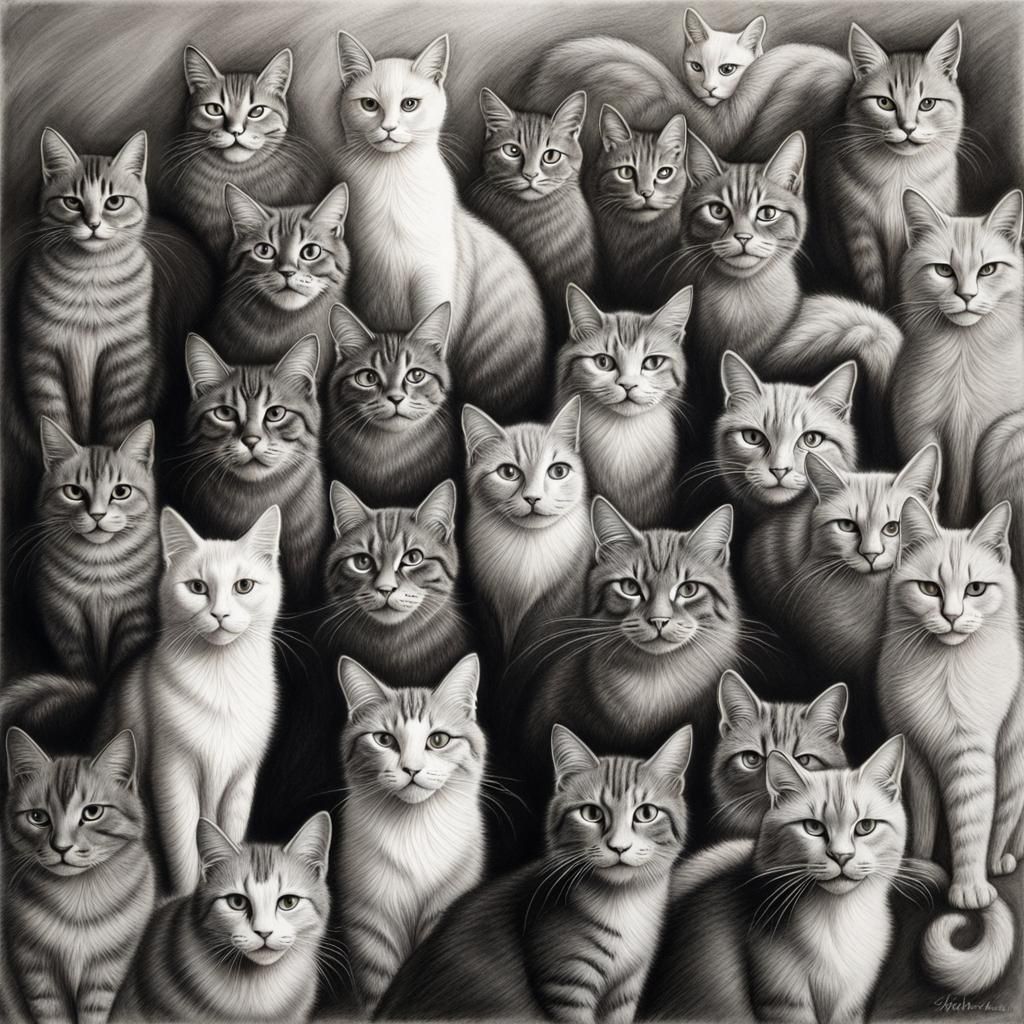 Hyperdetailed Charcoal Drawing of Many Cats