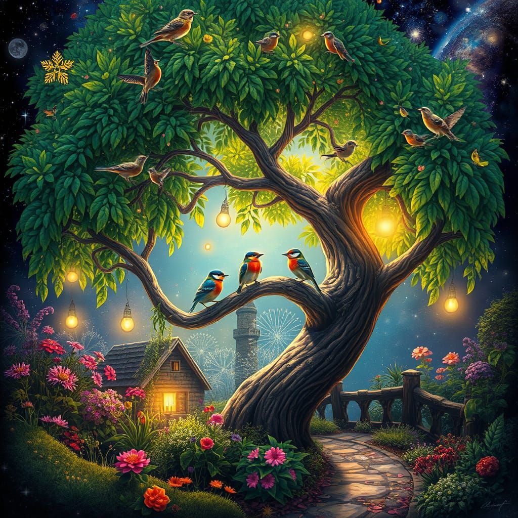 Colorful Birds in Lush Cottage Garden - Astral Illustration