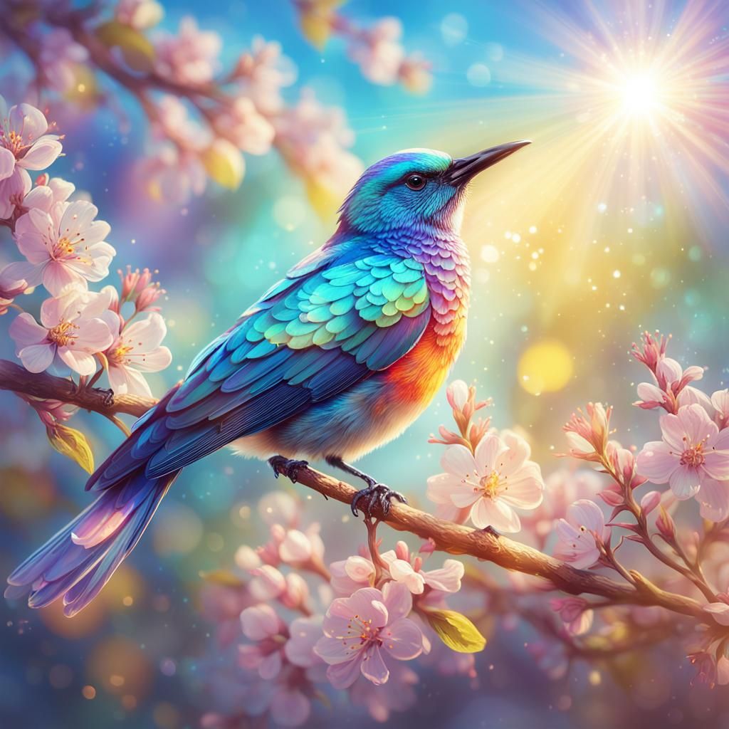 Iridescent Bird on Blooming Branch in Sunlight