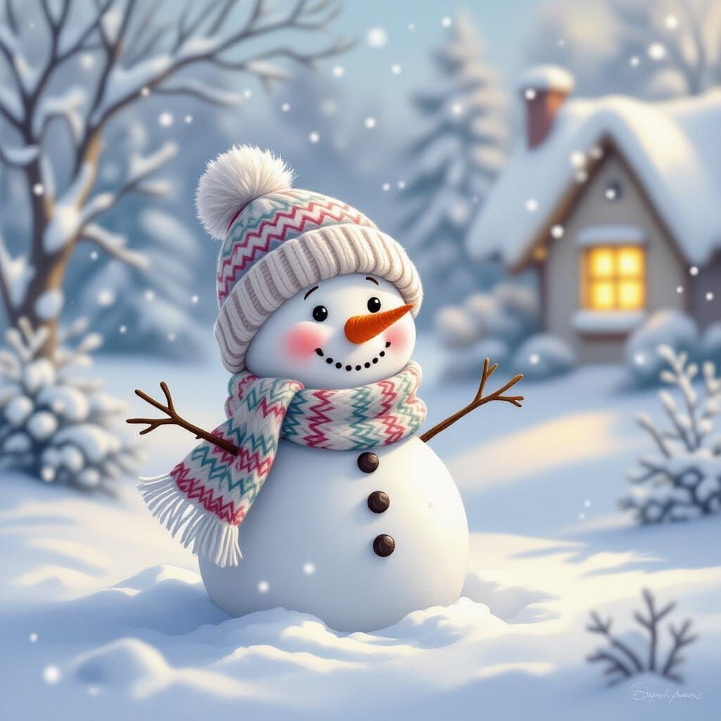 Charming Snowman in Snowy Landscape