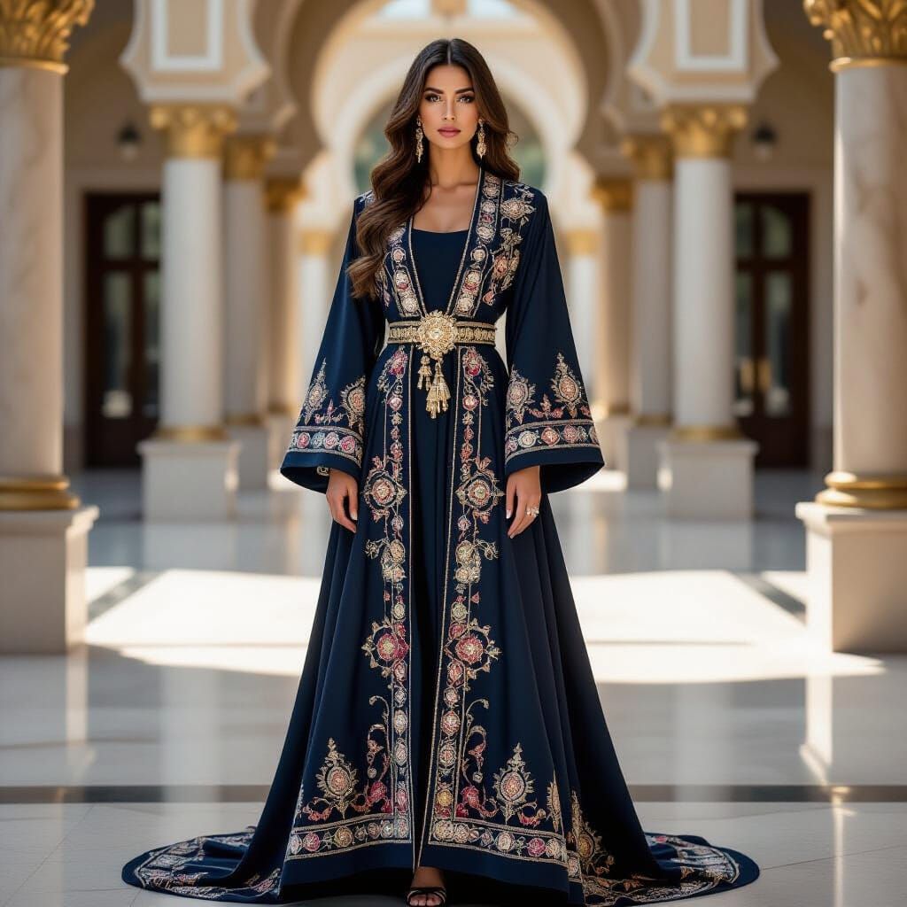 Majestic Woman in Opulent Royal Abaya, High Fashion Photo