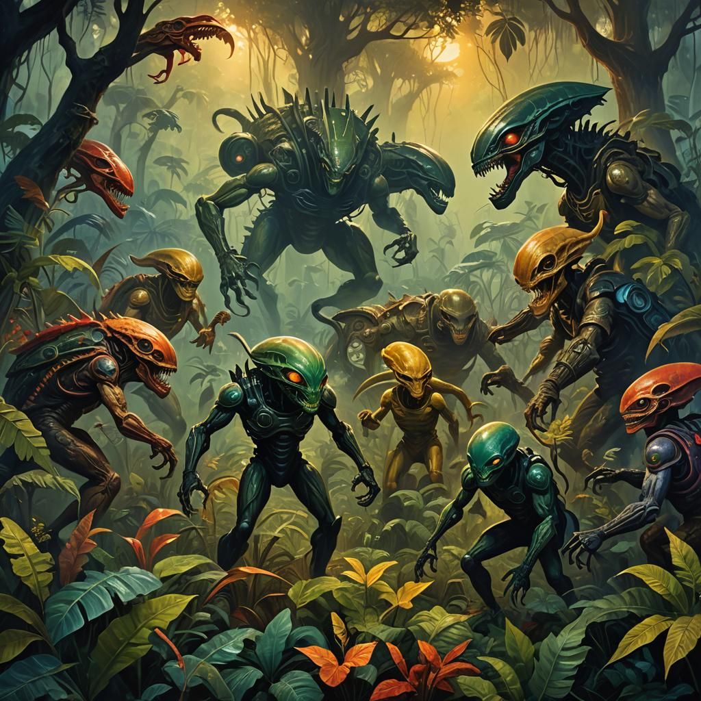 Surreal Alien Death Match in Prehistoric Jungle