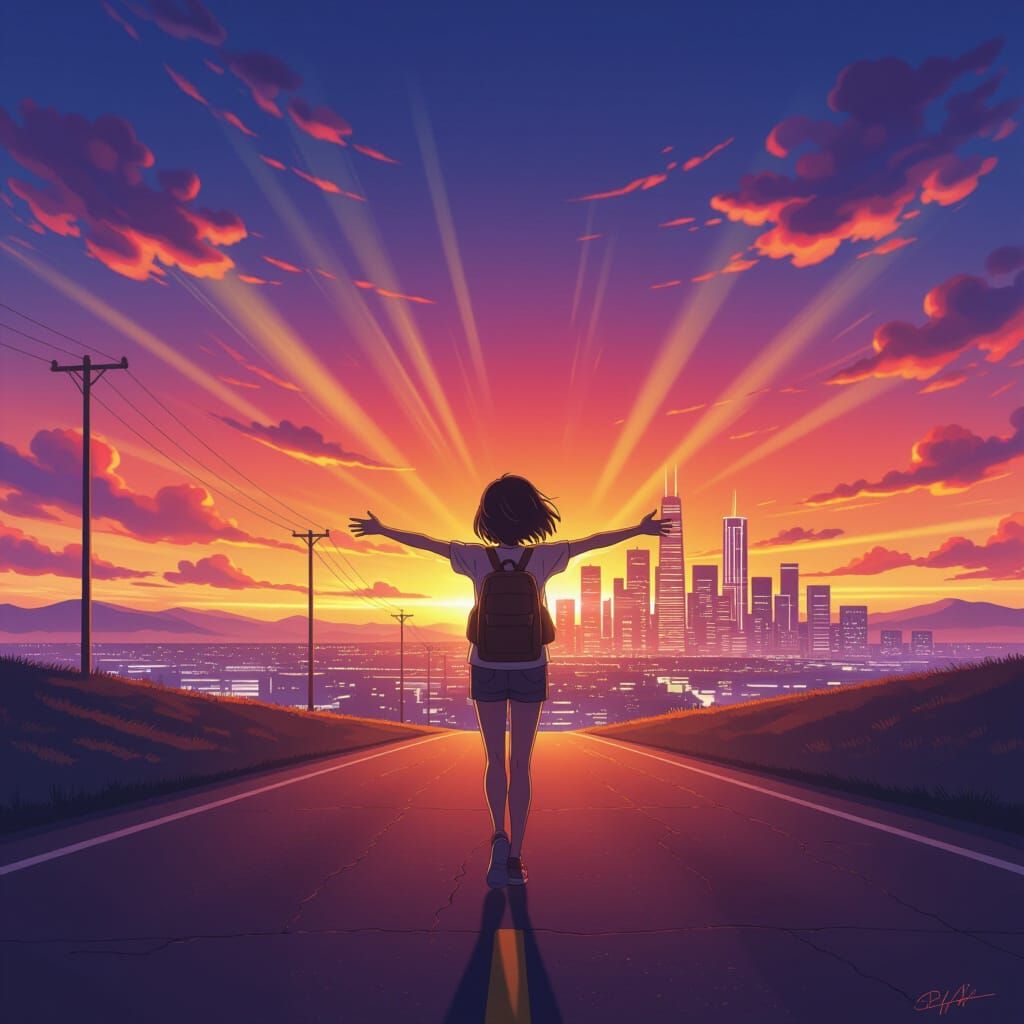 Anime Girl Walks Towards Glowing City at Sunset