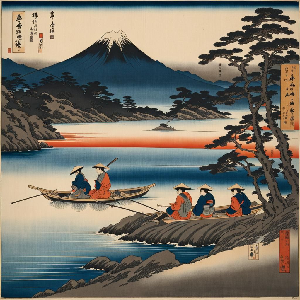Ukiyo-e Woodblock Print of Fishermen at Sunset