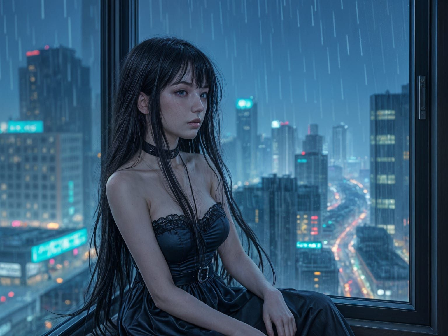 Melancholic Anime Woman in Rainy Cityscape