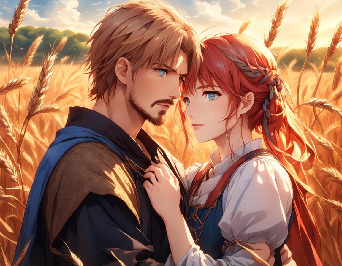 Anime Couple Embrace in Wheat Field