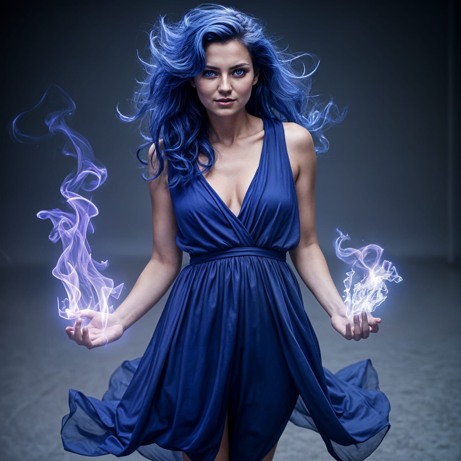 Beautiful Woman with Blue Flames in 3D