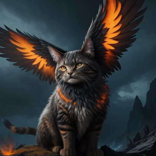 Winged Cat Soaring Through Fiery Sky