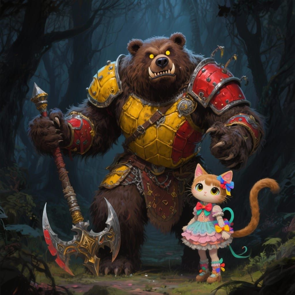Bugbear and Catgirl in Eerie Forest: Fantasy Art