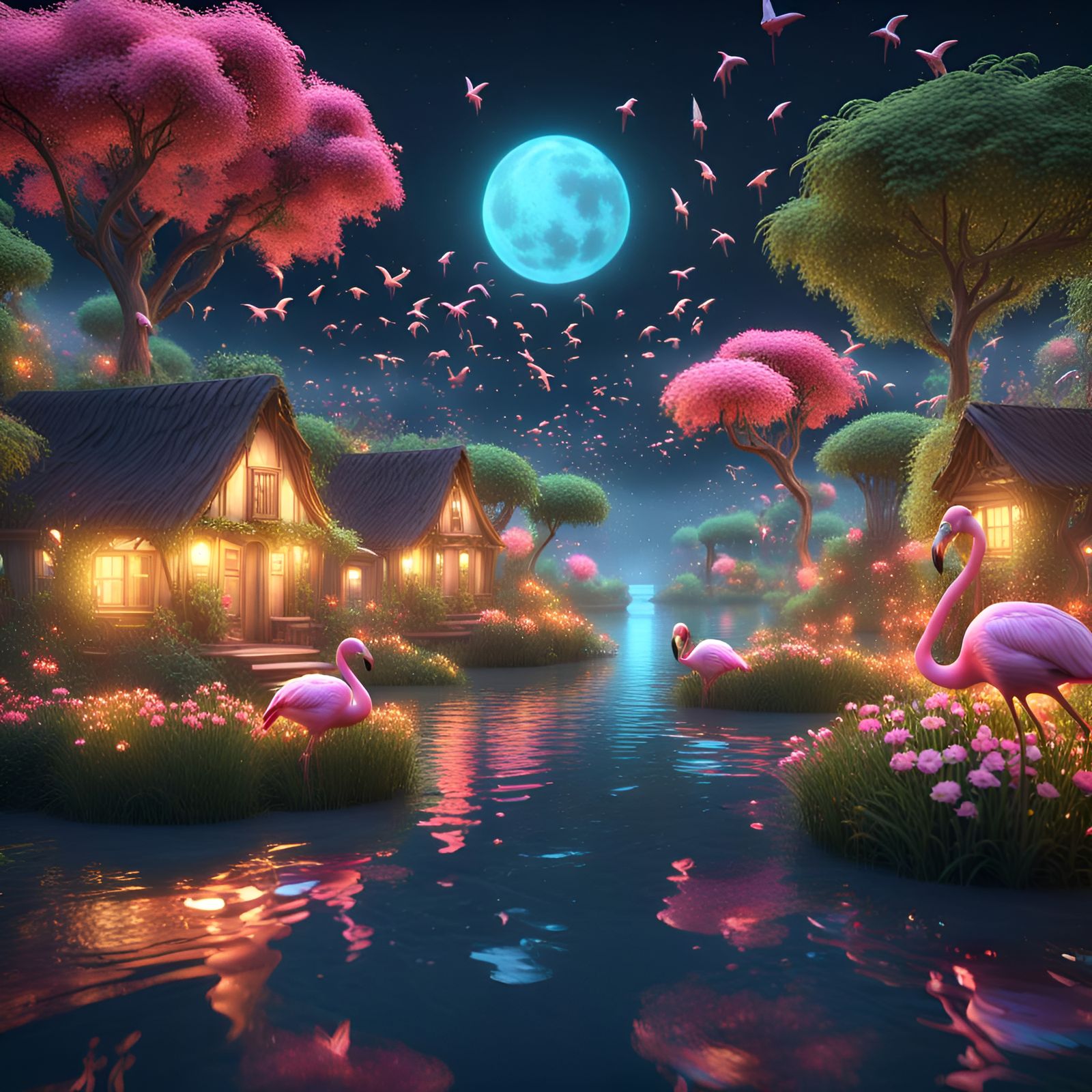 Utopian world ...peaceful village surrounded by magical nature