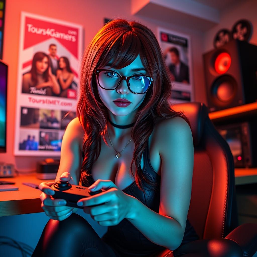 Cosplaying Woman in Gaming Room, Manga Style