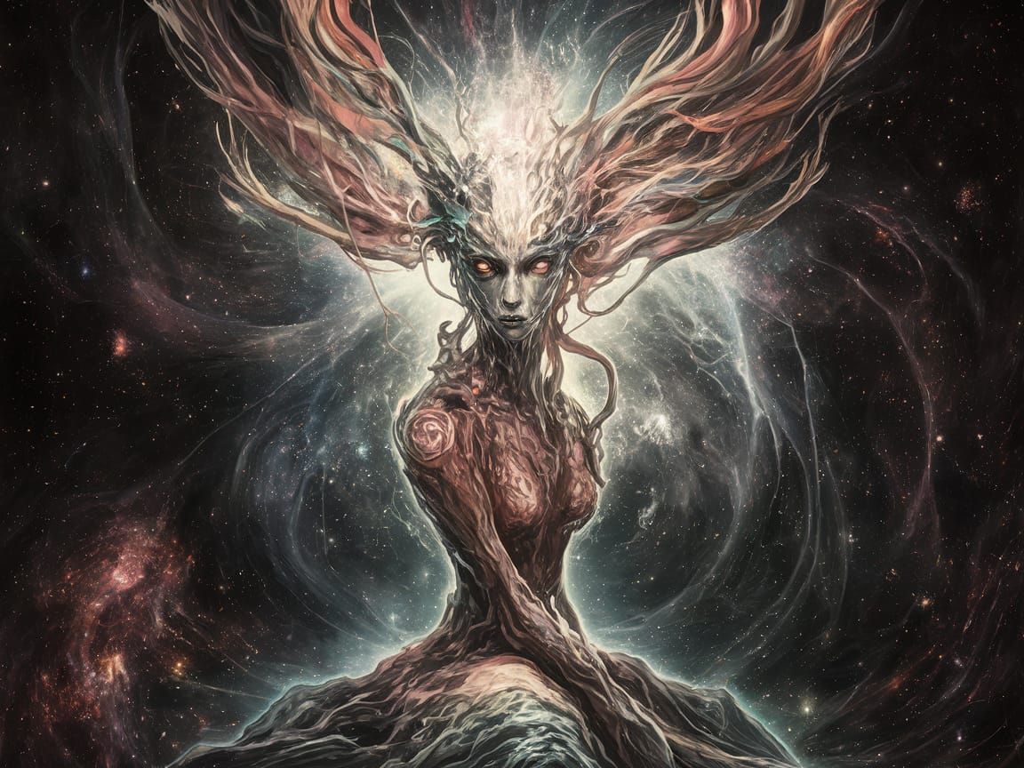 Celestial Being Emerges from Cosmic Vortex in Art Nouveau St...