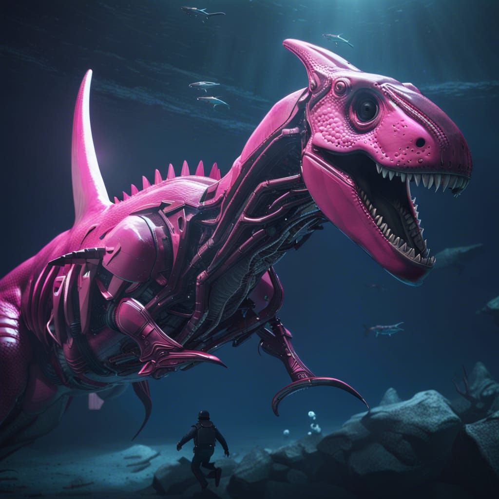 Futuristic Pink Dinosaur Chasing Megalodon in Deep Sea