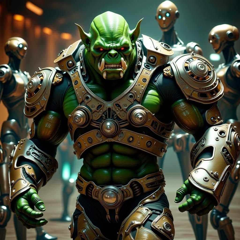 Mecha-Wearing Green Orc Smashes Robots in Futuristic Cantina