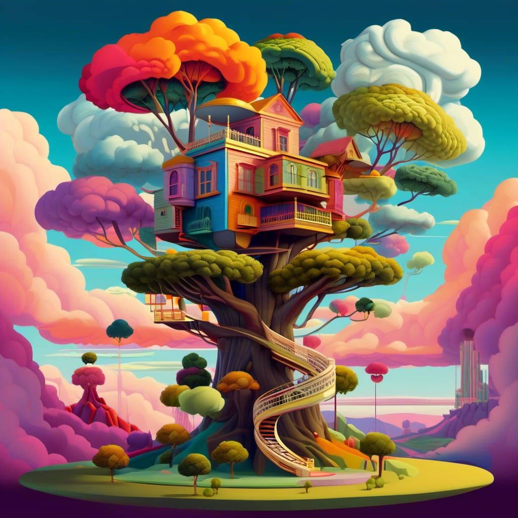 Whimsical Geometric Treehouse Amidst Cumulus Clouds