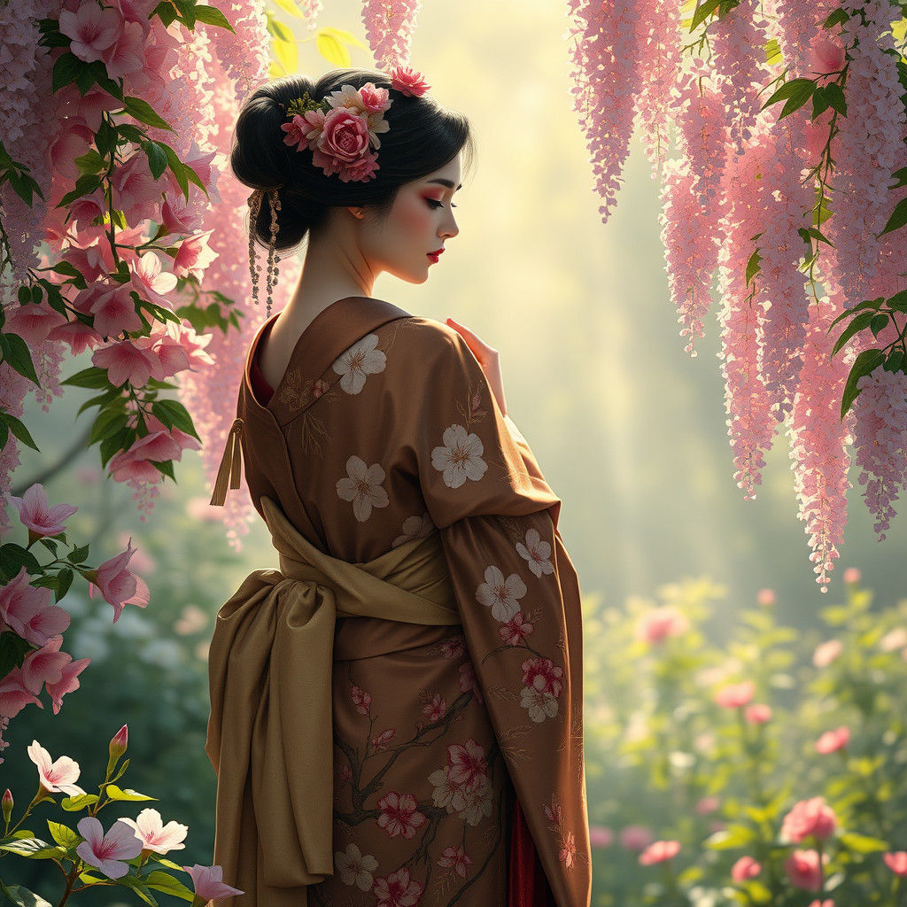 Geisha in Serene Garden: Art Nouveau Style
