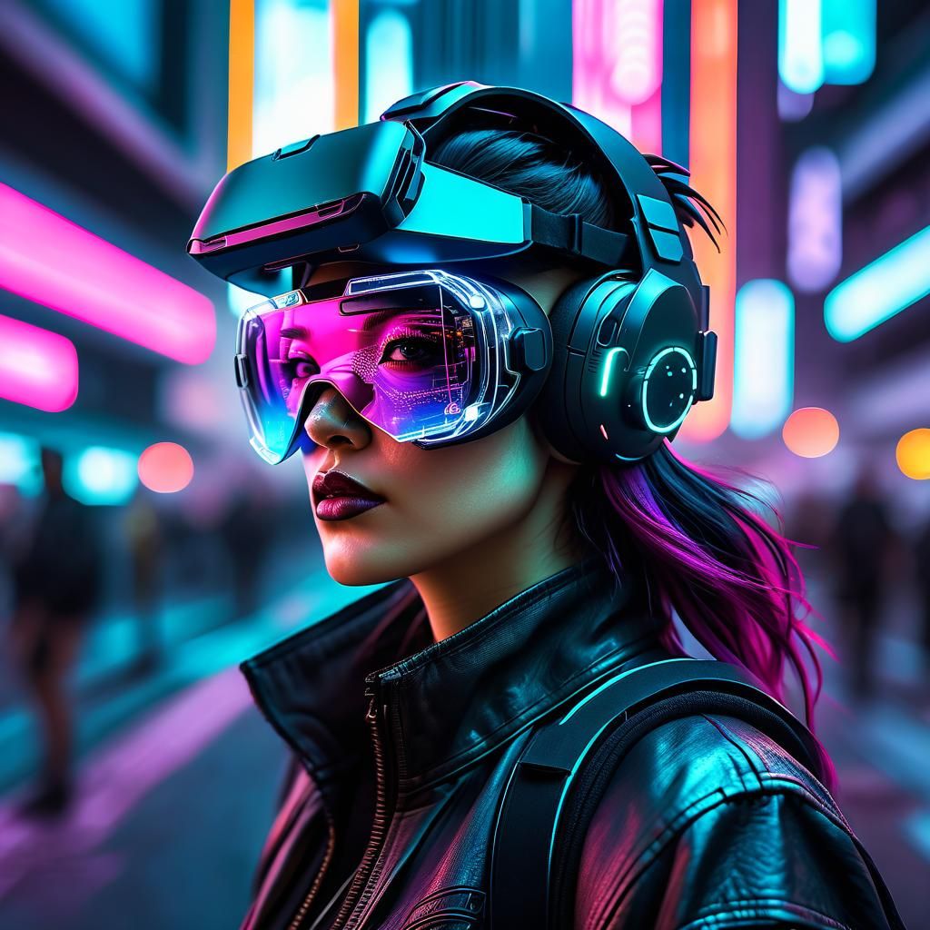 Cyberpunk Girl with VR Goggles in Neon City