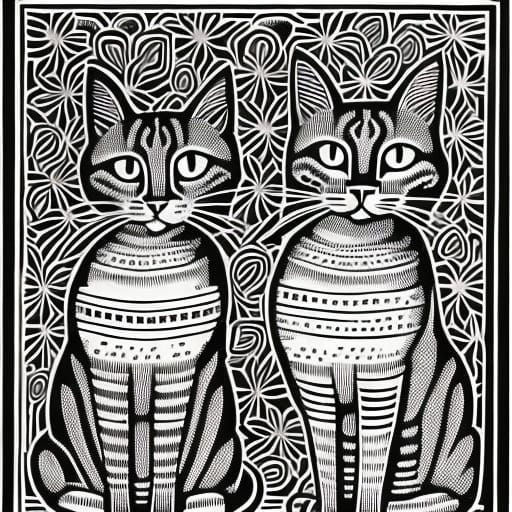 Cute Short-Leg Cats in Lino Print Style