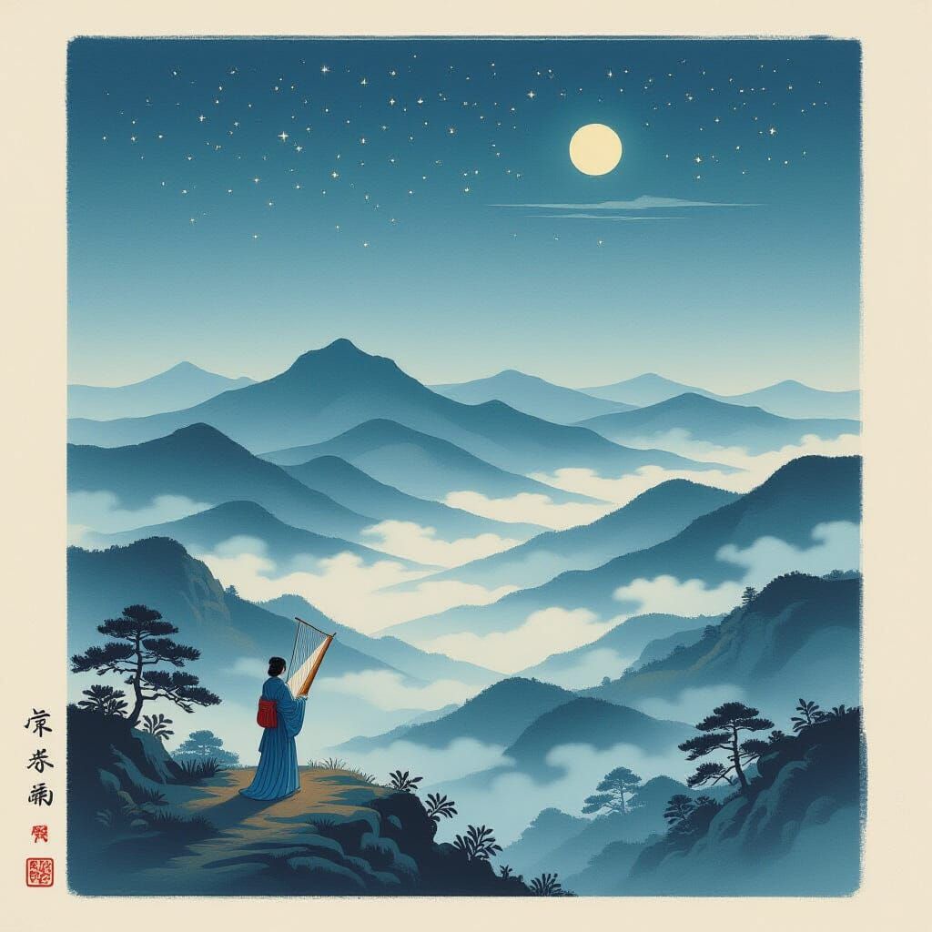 Yamato-e Painting: Mist, Highlands, and Arthur's Harp