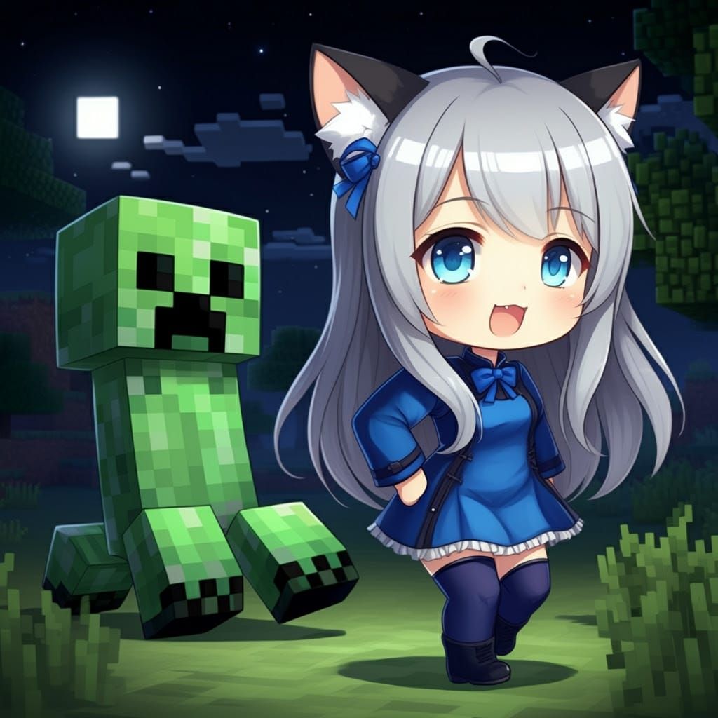 Chibi Anime Catgirl Pursues Happy Minecraft Creeper