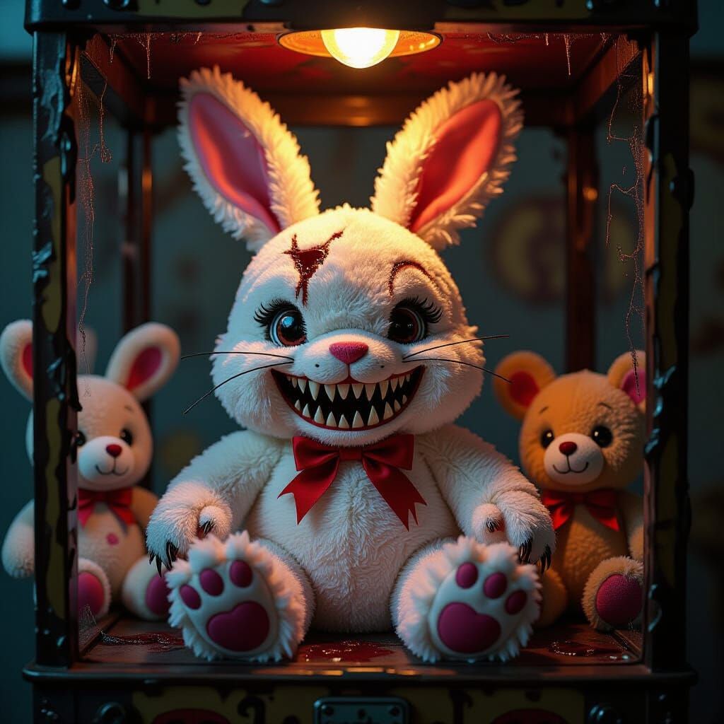Menacing Bunny Plush in Vintage Claw Machine