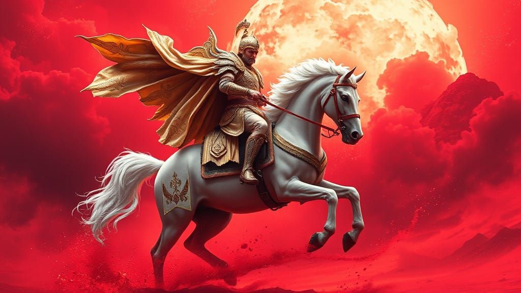Majestic Golden Rider on White Horse in Crimson Landscape