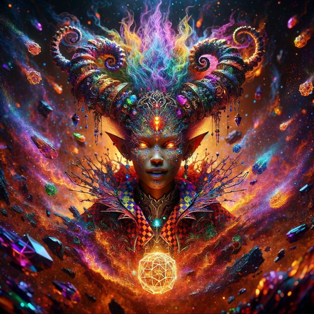 Regal Elf Empress with Fiery Crystals Hovering Above Neon Ra...