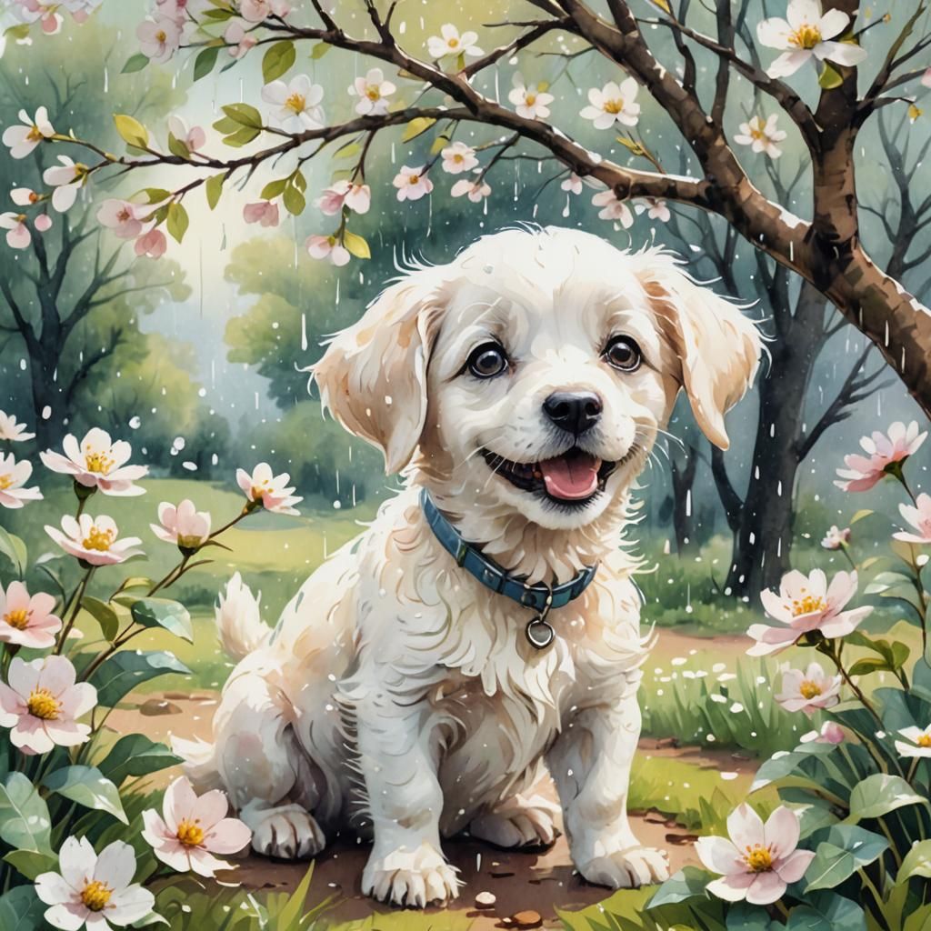 Smiling Puppy in Rainy Garden Watercolor Illustration