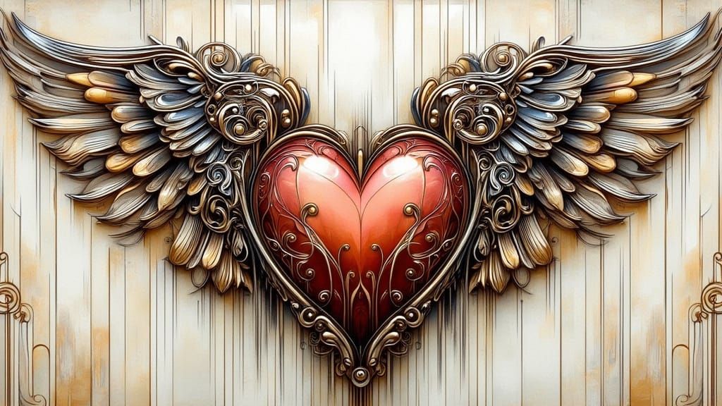 Art Deco Nouveau Heart with Metal Wire Wings
