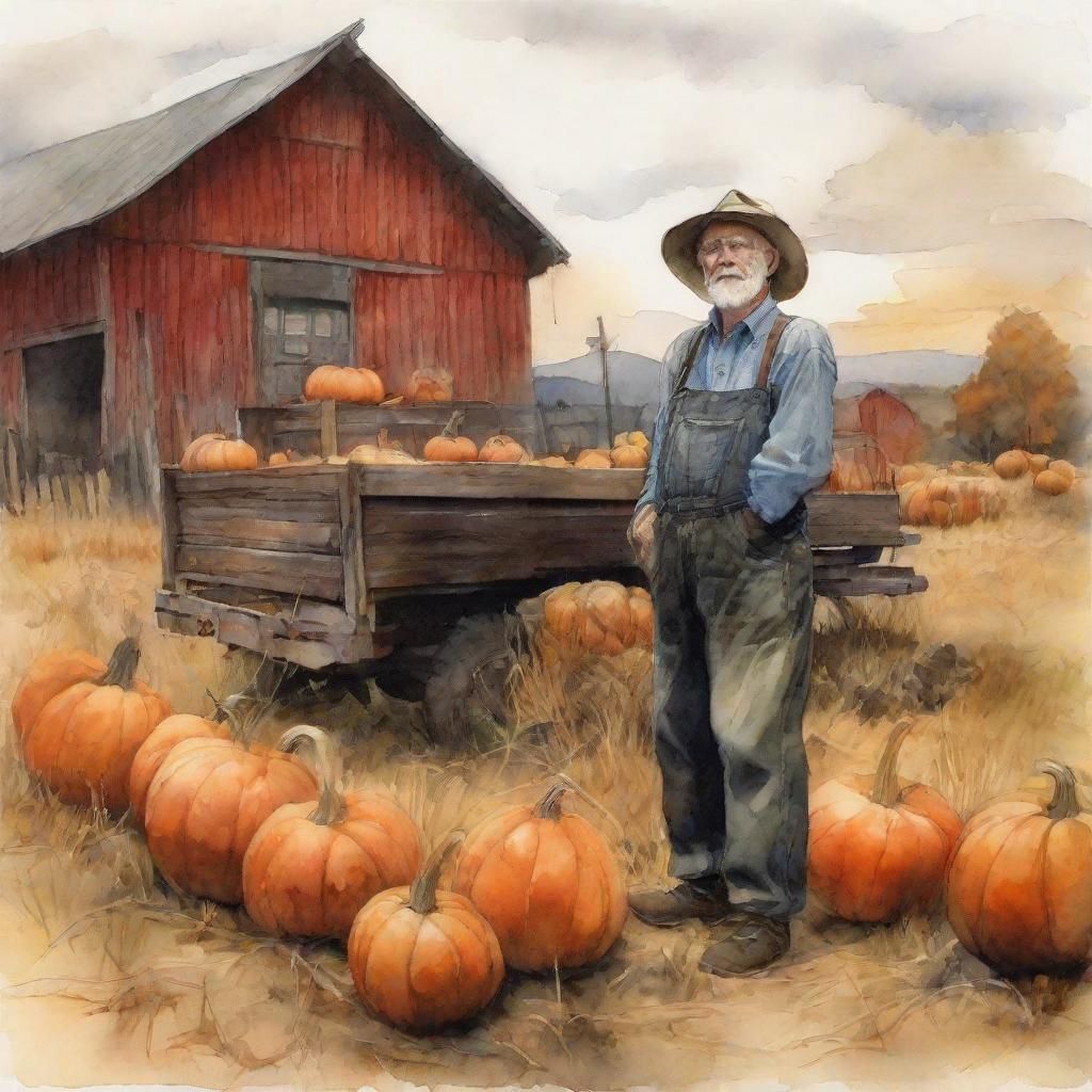Macabre Watercolor: Farmer with Pumpkins and Truck