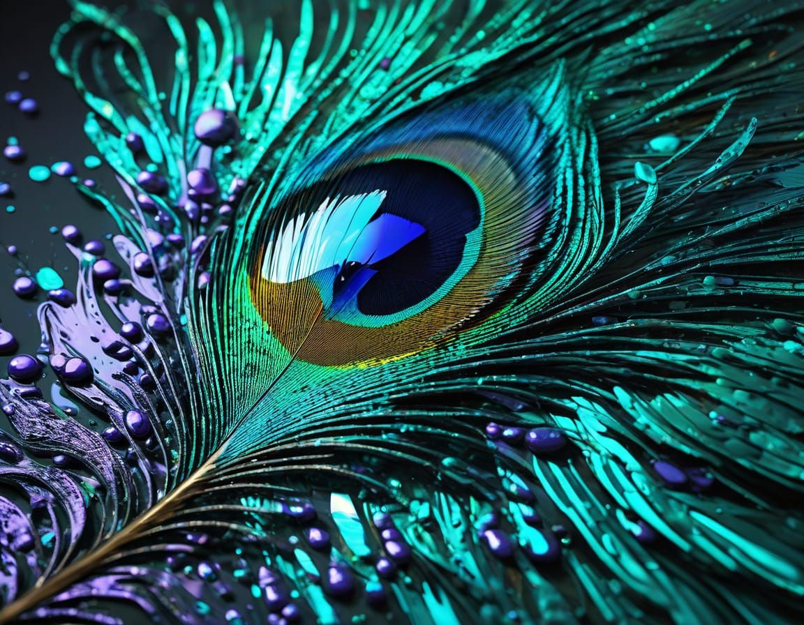 Blown Glass Peacock with Melting Colors and Iridescent Sheen