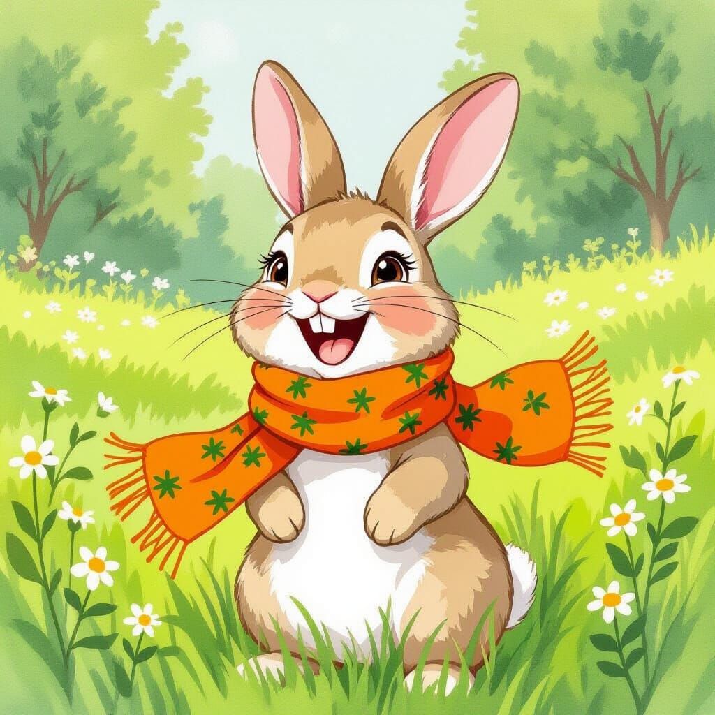 Joyful Bunny in Meadow, Fairytale Illustration