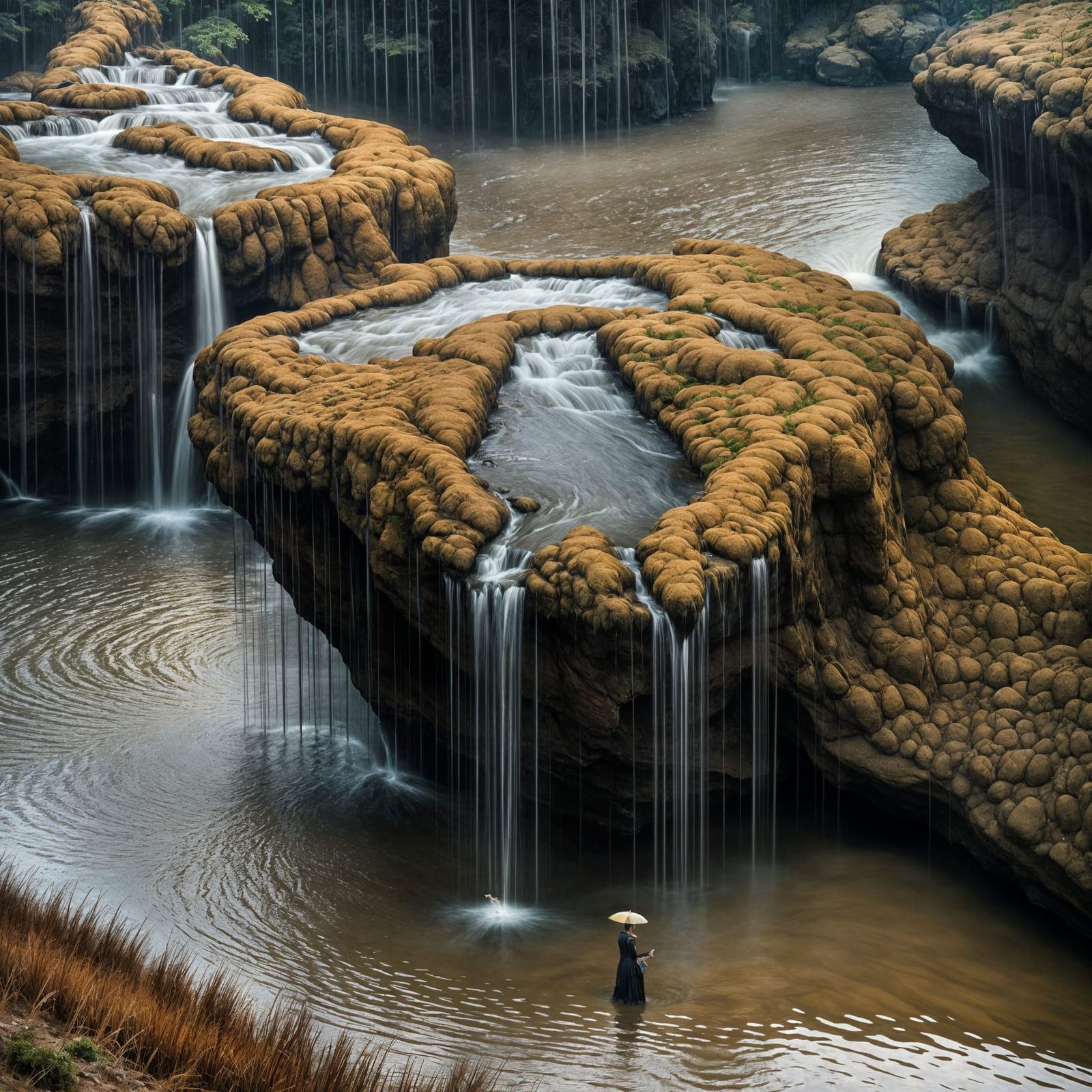 Raging River with Geometric Designs in Photorealistic Style