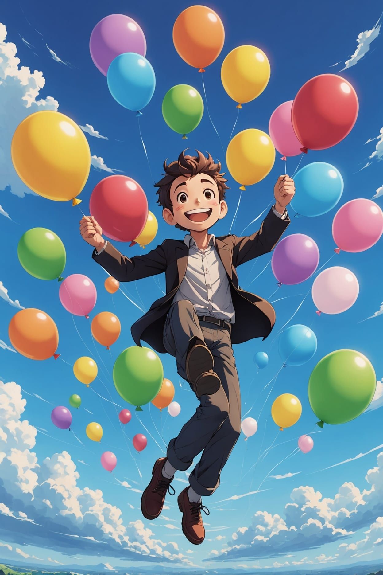 Smiling Man Floats with Balloons in Anime Style