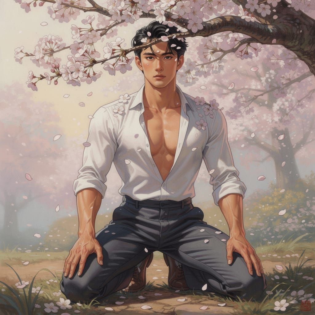 Mysterious Japanese Man Kneeling Under Sakura Tree