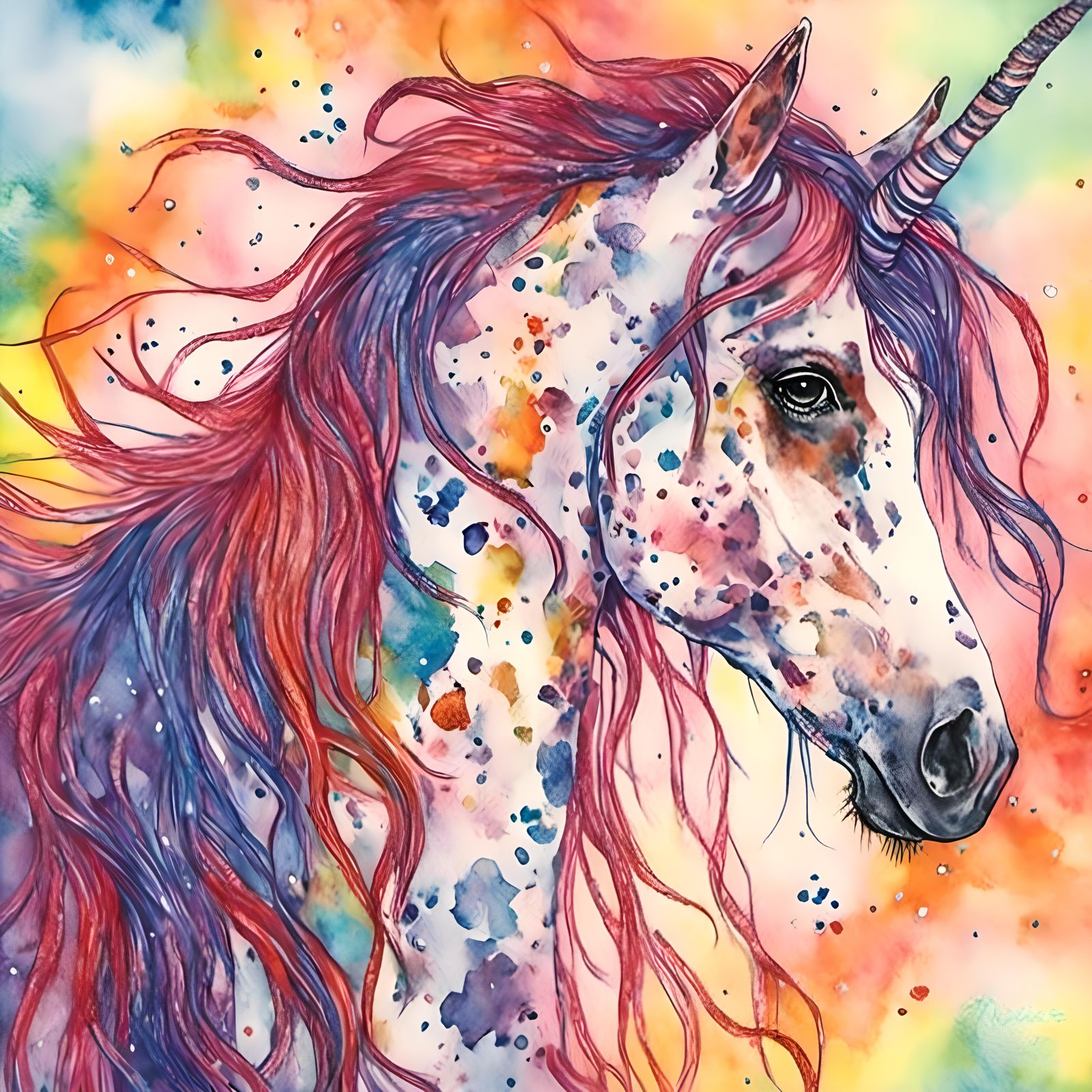 Rainbow Appaloosa Unicorn in Watercolor Fantasy Style