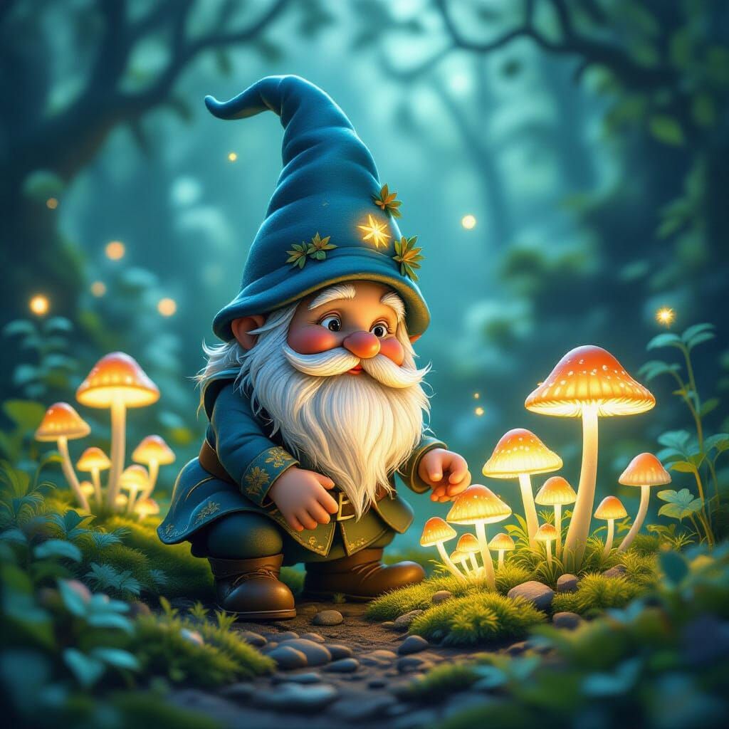 Whimsical Gnome Tends Magical Glowing Garden