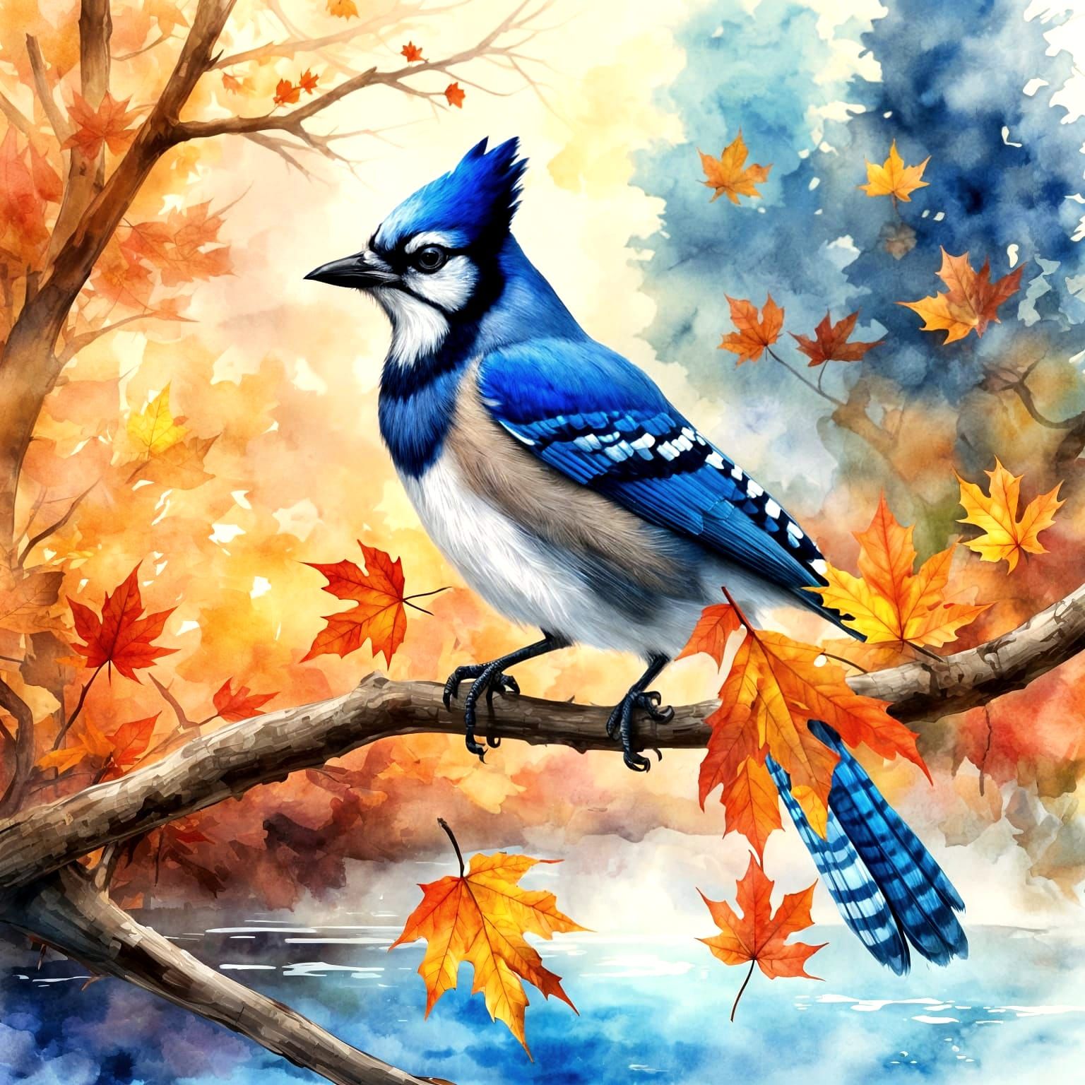 Blue Jay Watercolor Painting on Branch with Fall Leaves