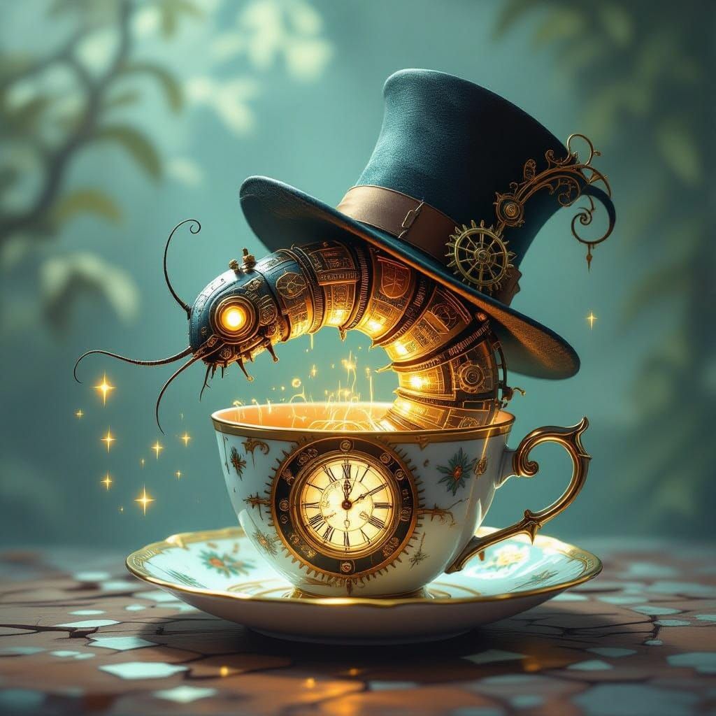 Clockwork Worm From Teacup In Surreal Digital Painting