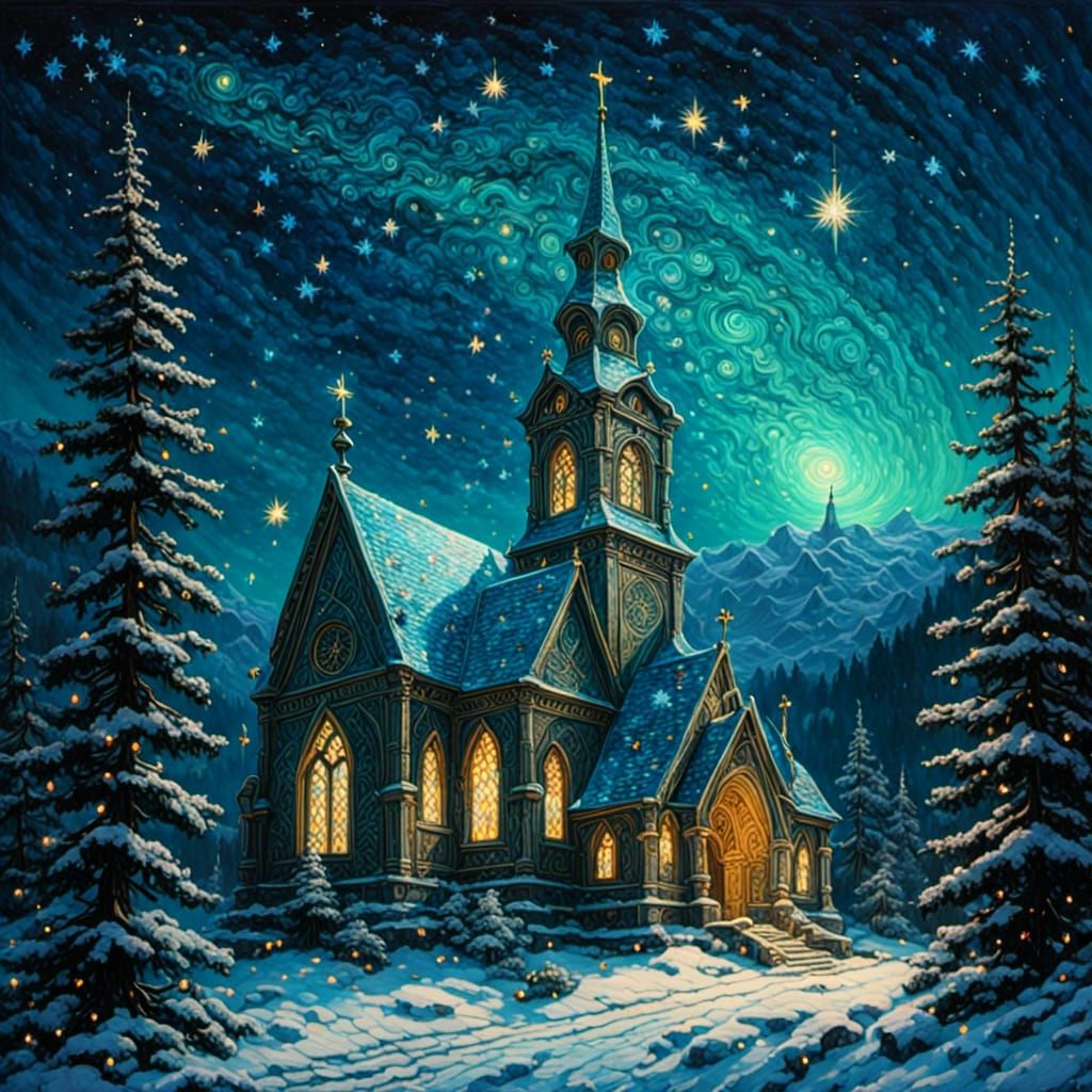 Starry Night Over Snowy Church, Oil Painting