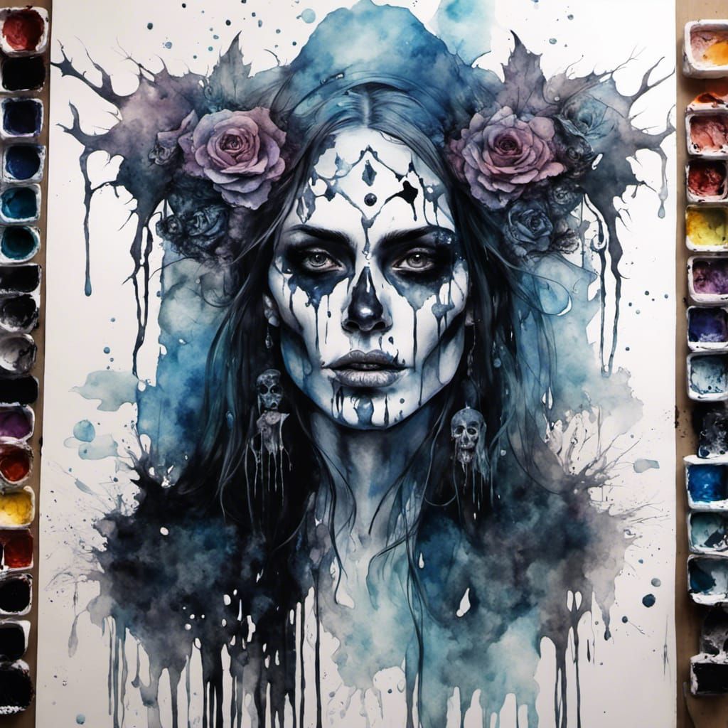 Demonic Witch with Skulls in Dark Fantasy Watercolor