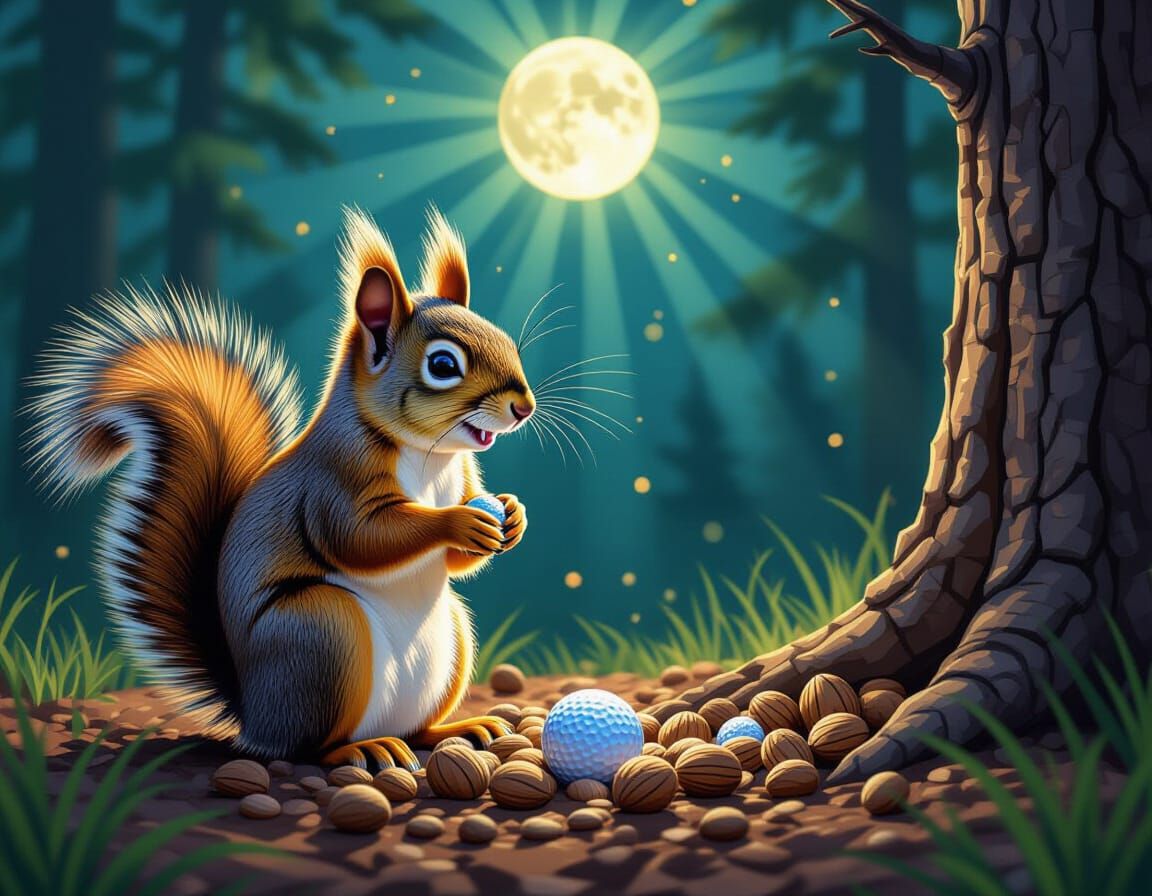 Mischievous Squirrel Hiding Golf Ball: Glitchcore Vector Art