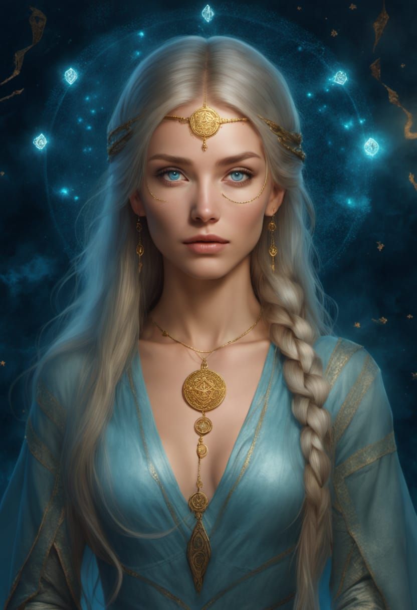 Fantasy Avatar with Glowing Threads and Starry Background