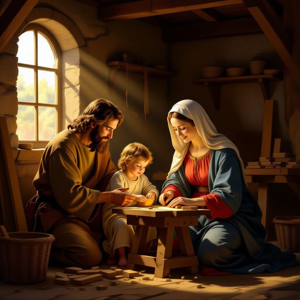 Child Jesus with Joseph and Mary in Humble Workshop
