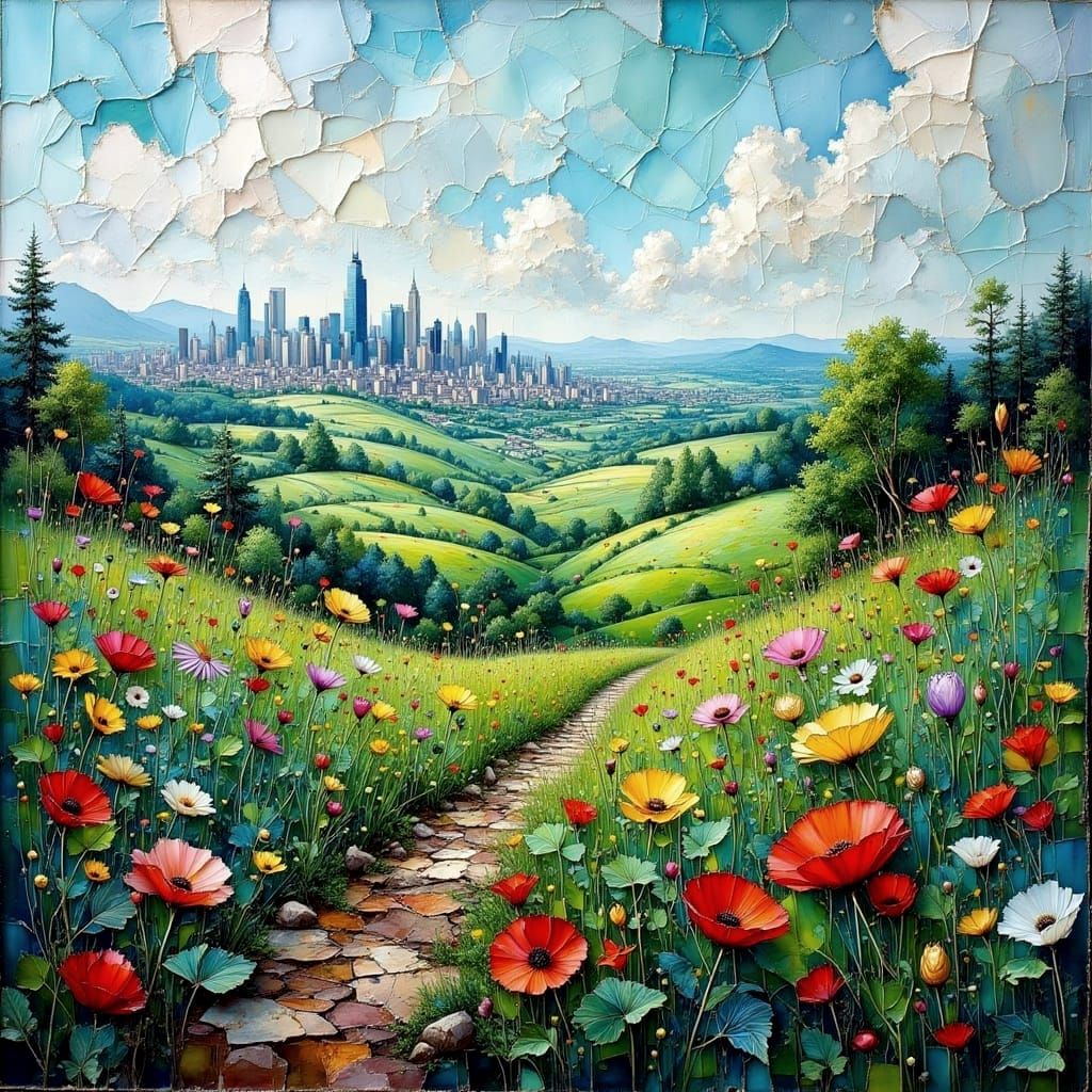 Vibrant Landscape with Cityscape in Impasto Style