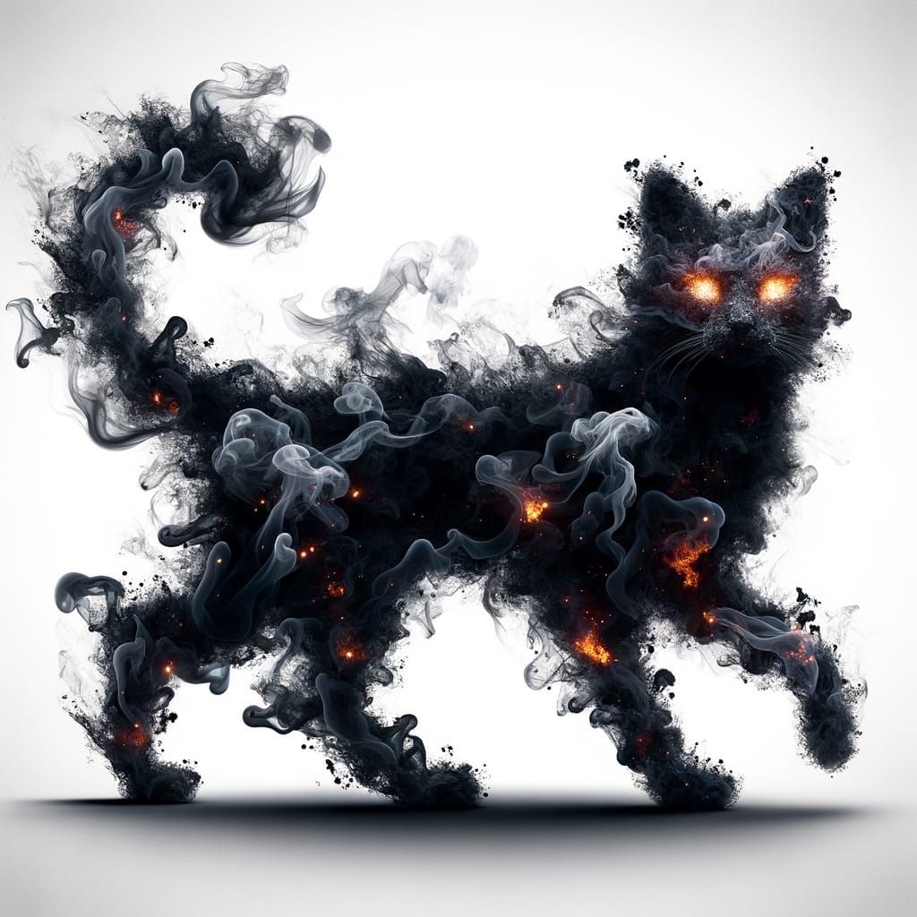 Ethereal Black Smoke Cat on White Background