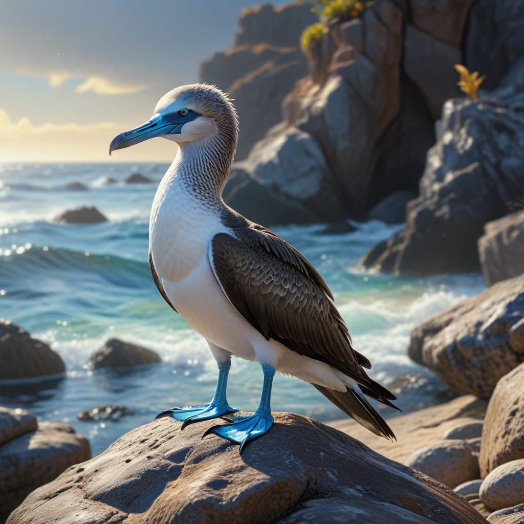 Elegant Blue-Footed Booby Oil Painting on Rocky Shore