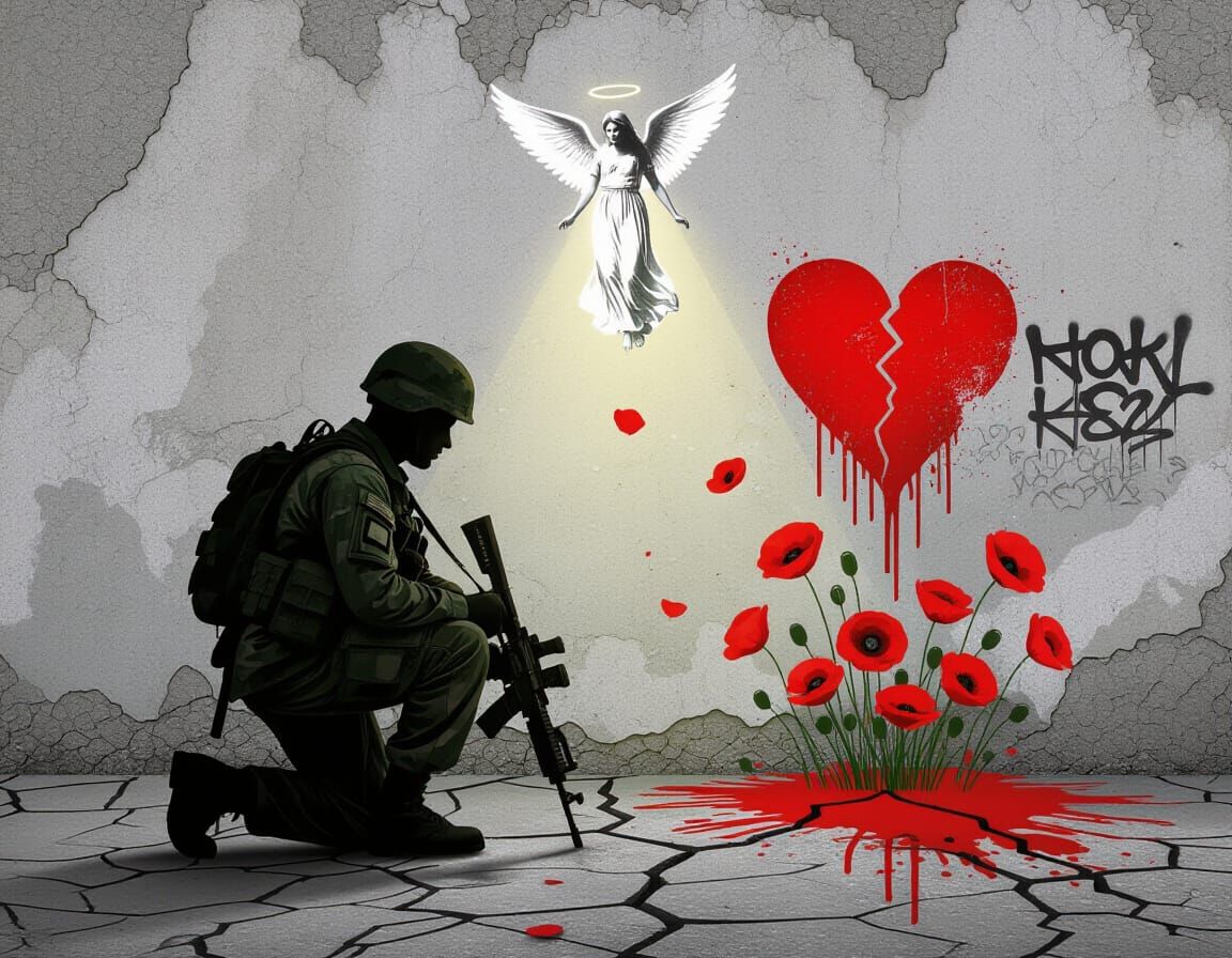 Soldier Silhouette Kneels to Angel Offering Light in War-Tor...
